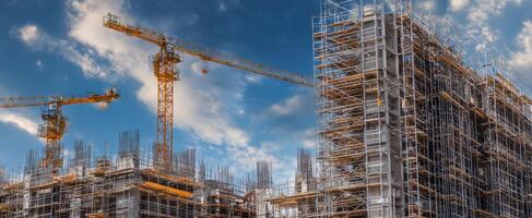 The construction site showcasing cranes and scaffolding against a vibrant sky. photo