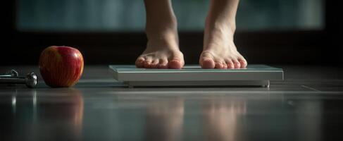 The person weighing themselves on a scale with an apple nearby. photo