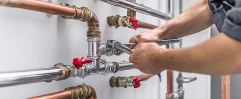 The plumber working with copper pipes and tools in a modern setting. photo