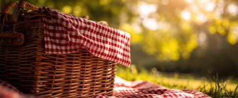 The wicker picnic basket nestled in a sunlit meadow. photo