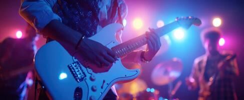The guitarist performs passionately on stage with vibrant lighting effects. photo