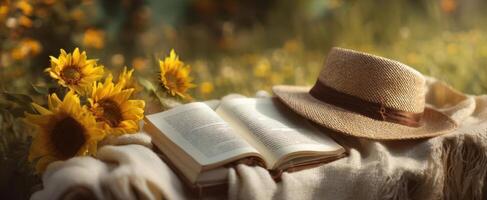 The tranquil scene of a book and straw hat beside blooming sunflowers. photo