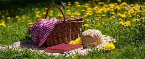 The picnic basket and book on a sunny meadow full of flowers. photo
