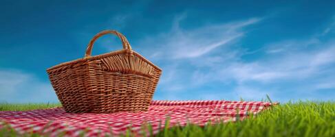 The picnic basket resting on a red-checkered blanket under a blue sky. photo