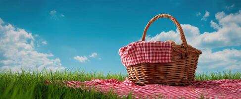 The elegant picnic basket resting on a beautiful grassy field under the blue sky. photo