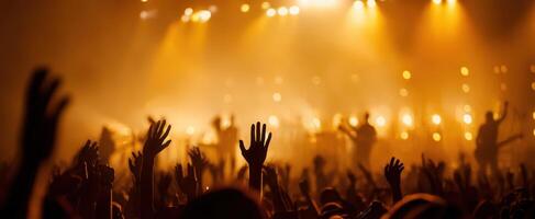 The energetic crowd raising hands at a concert performance under vibrant lights. photo