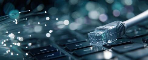 The Ethernet Cable Connecting to a Keyboard Amidst Sparkling Digital Lights photo