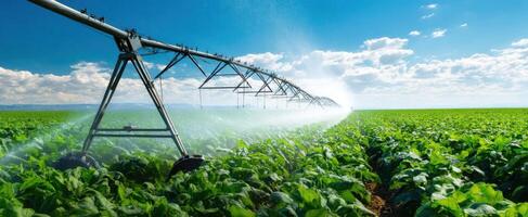 The irrigation system watering the lush green crops under a sunny sky. photo