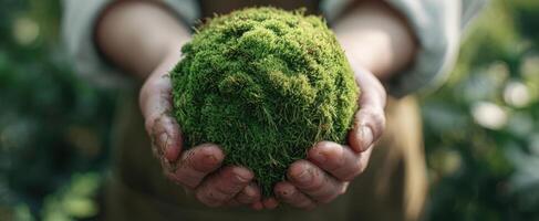 The Hands Holding a Lush Green Moss Ball in Nature photo
