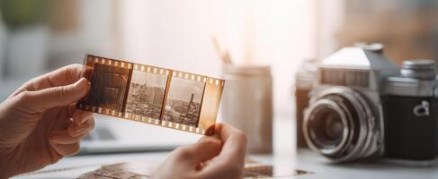 The vintage filmstrip showcased against a classic camera in a creative workspace. photo