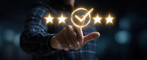 The glowing checkmark signifying customer satisfaction with five-star ratings photo