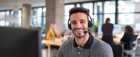 The happy customer service representative engaging with clients in a modern office. photo