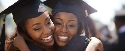 The joyful moment of two graduates celebrating their achievement together. photo