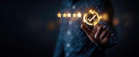 The glowing checkmark symbolizing positive feedback and successful ratings. photo