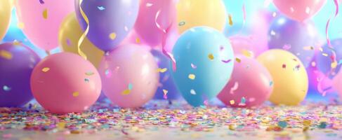 Many colorful balloons and confetti are scattered on a blue background photo