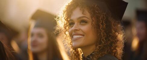The smiling graduate celebrating during a joyful graduation ceremony at sunset. photo