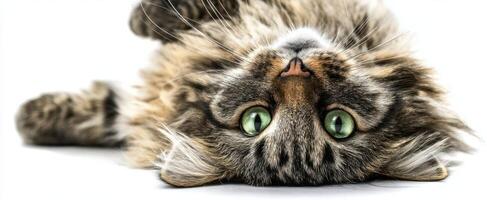 The adorable cat with striking green eyes lying on its back. photo