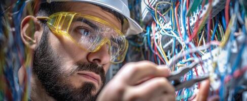 The electrician working meticulously on a complex network of wires and connections. photo