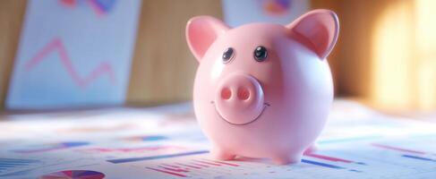 The cute piggy bank surrounded by colorful financial charts and graphs photo