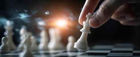 The strategic moment of a chess move amidst a digital landscape. photo