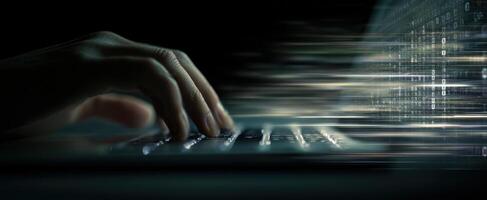 The hand typing on a keyboard with flowing digital data in motion. photo