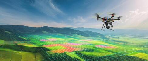 The drone flying over vibrant agricultural fields with modern technology. photo