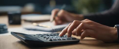 The hands of a professional calculating finances with a calculator and notebook. photo