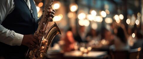 The saxophonist performing passionately in a lively restaurant setting. photo