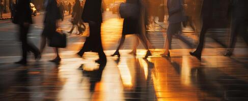 The vibrant silhouettes of commuters walking at sunset on a bustling city street. photo