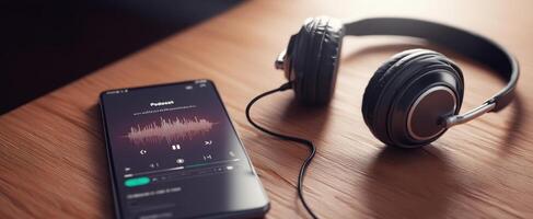 The headphones and smartphone set for an immersive podcast listening experience. photo