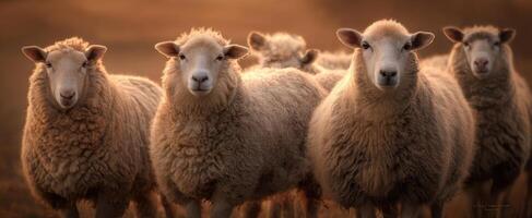 The group of sheep standing together in a serene, golden sunset. photo