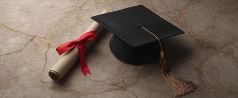 A graduation cap and diploma on a marble surface photo