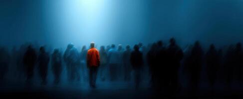 The solitary figure amidst a blurred crowd in an atmospheric setting. photo
