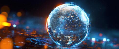The Globe Illuminated by Digital Connections and Cosmic Light Effects photo