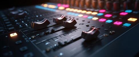The close-up view of a professional audio mixer with colorful buttons. photo