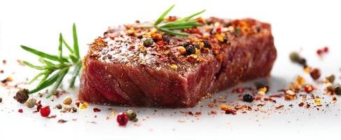 The perfectly seasoned steak garnished with aromatic herbs and colorful spices. photo