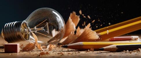 The broken lightbulb alongside yellow pencils and wooden shavings on a creative desk. photo