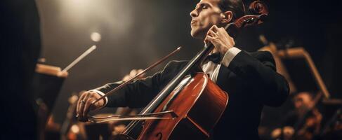 The talented cellist passionately performing in an elegant orchestra setting. photo