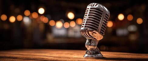 The Classic Microphone on a Wooden Table Surrounded by Warm Bokeh Lights. photo