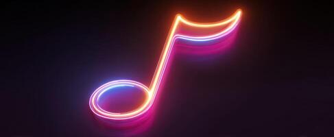 The glowing neon music note illuminated in vibrant colors on a dark background. photo