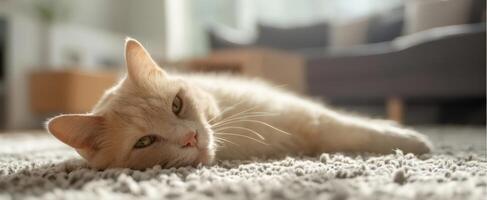 The adorable cat lounging comfortably on a soft carpet indoors. photo