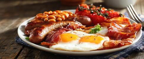 The hearty breakfast plate featuring eggs, sausage, bacon, and baked beans. photo