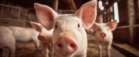 The adorable pigs enjoying their time in a rustic barn environment. photo
