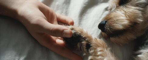 The gentle touch of a hand and a sleeping dog's paw on a soft surface. photo