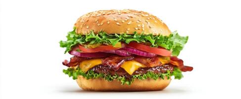 The delicious gourmet burger loaded with fresh ingredients and crispy bacon. photo