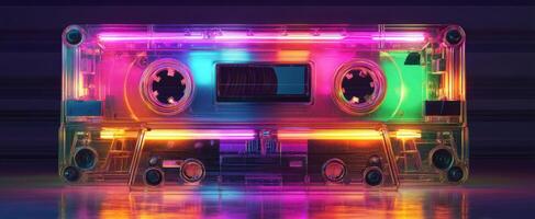 The vibrant cassette tape radiating colorful neon lights and retro charm. photo