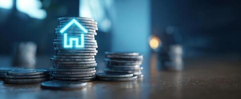 The stack of coins with a glowing house symbol representing investment potential. photo