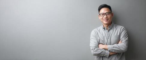 The confident man smiling with crossed arms against a grey background. photo
