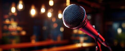 The microphone ready for a vibrant performance in a lively atmosphere. photo