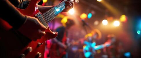 The vibrant performance of a guitarist in a lively concert setting. photo